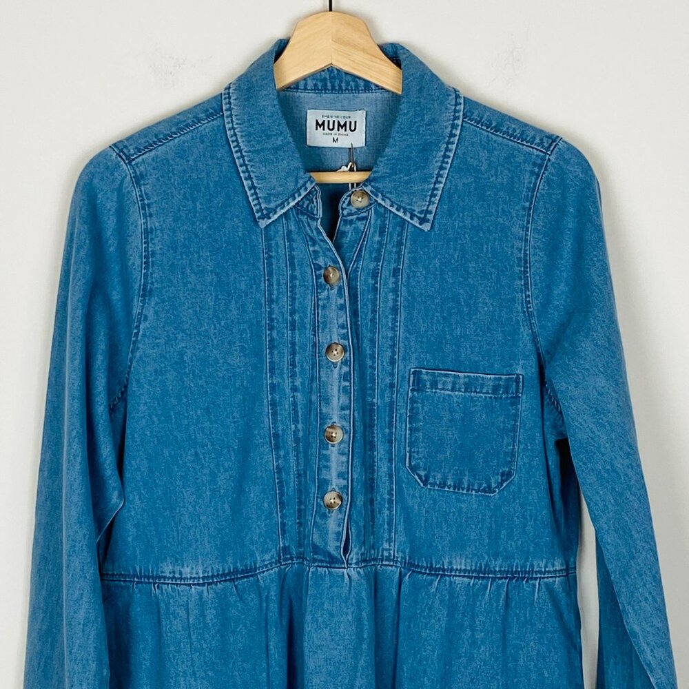 New Show Me Your Mumu Louisiana Denim Blue Dress Pockets 100% Cotton, Size M - Picture 5 of 13